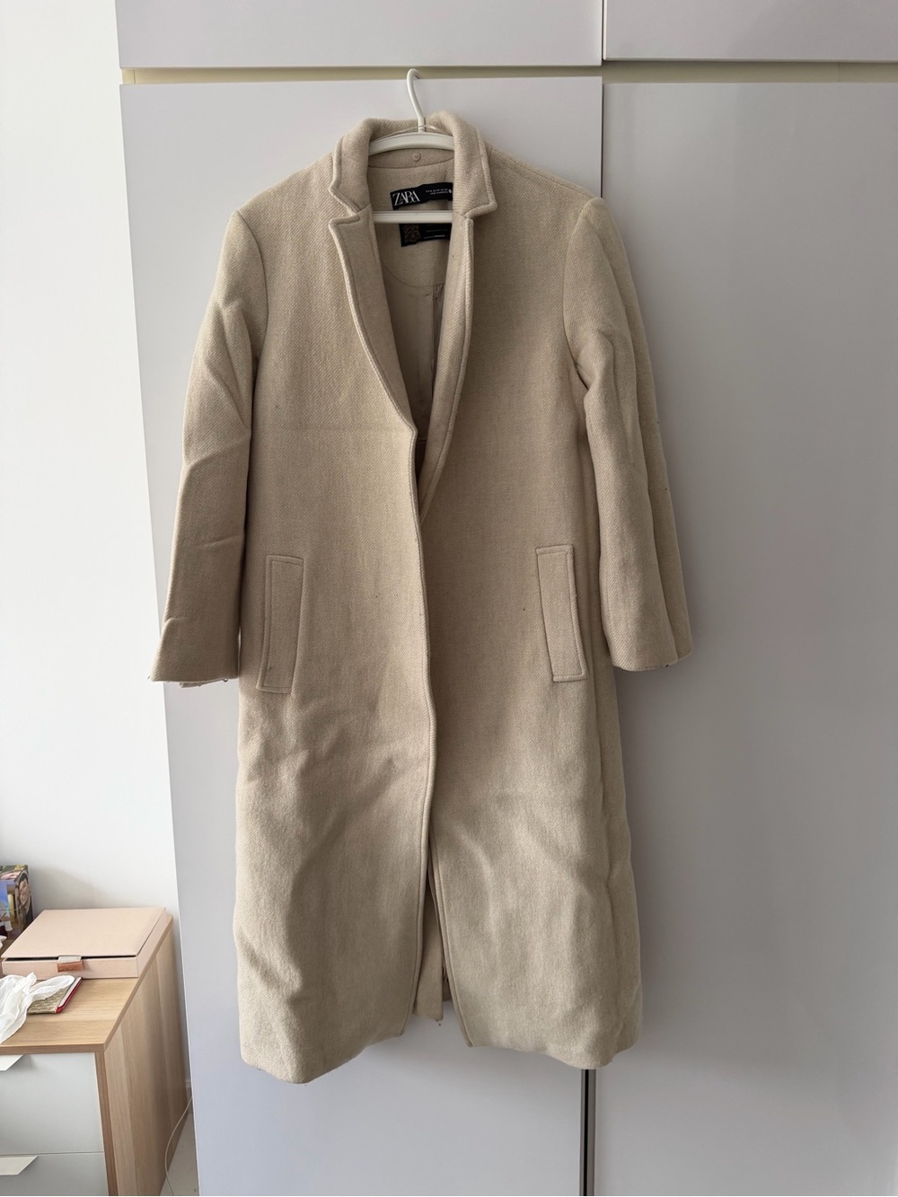 ZARA Cream Long Single-Breasted Wool Coat